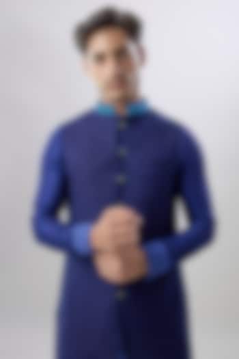 Blue Herringbone Matka Silk Embroidered & Printed Wedding Sherwani by Bubber Couture at Pernia's Pop Up Shop