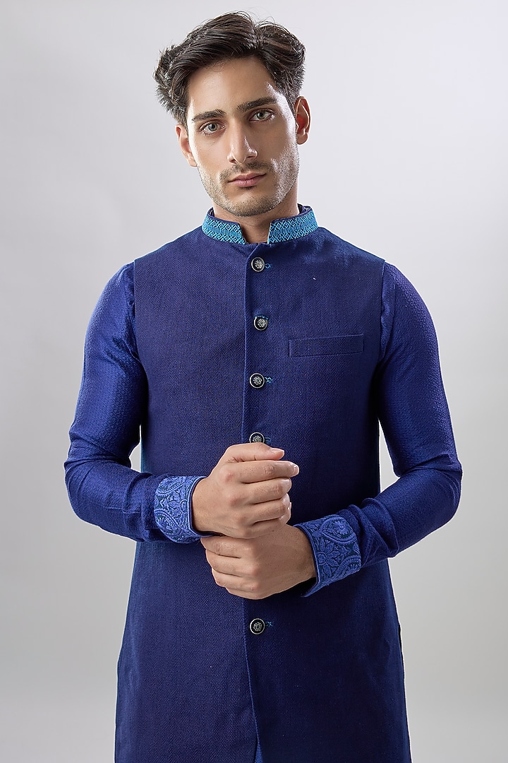 Blue Herringbone Matka Silk Embroidered & Printed Wedding Sherwani by Bubber Couture at Pernia's Pop Up Shop