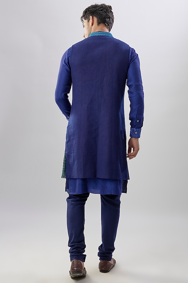 Blue Herringbone Matka Silk Embroidered & Printed Wedding Sherwani by Bubber Couture at Pernia's Pop Up Shop
