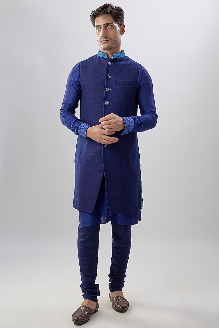 Blue Herringbone Matka Silk Embroidered & Printed Wedding Sherwani by Bubber Couture at Pernia's Pop Up Shop