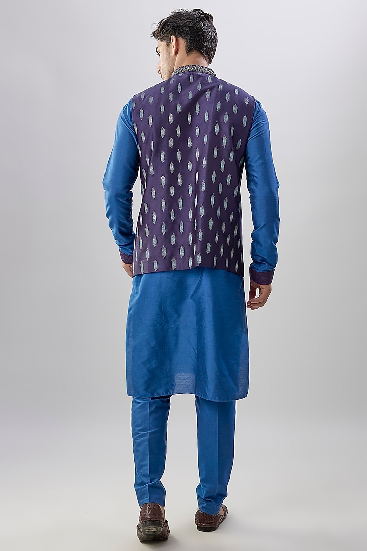 Blue Chiniya Silk Ikat Printed & Kasab Embroidered Bundi Jacket by Bubber Couture at Pernia's Pop Up Shop