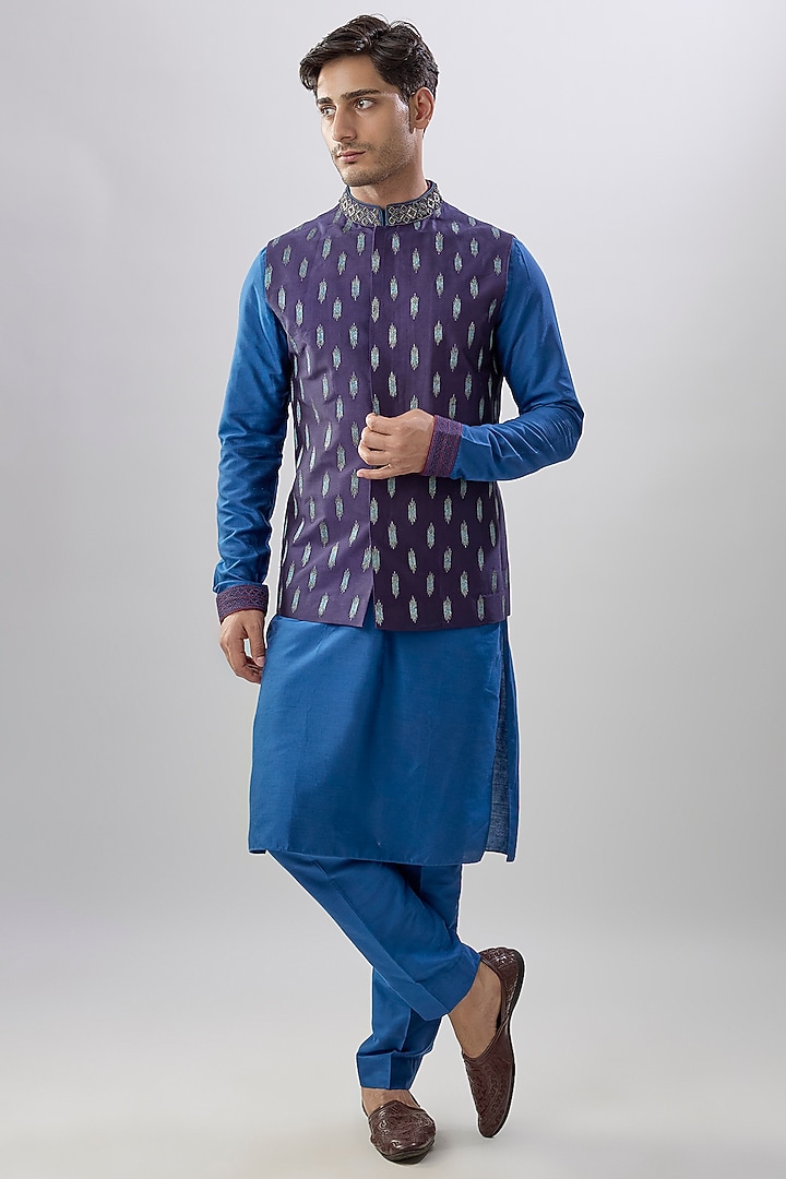 Blue Chiniya Silk Ikat Printed & Kasab Embroidered Bundi Jacket by Bubber Couture at Pernia's Pop Up Shop