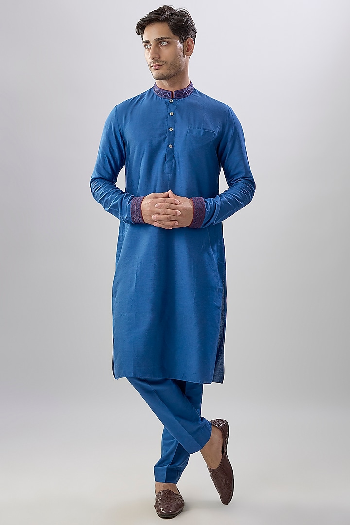 Blue Cotton Silk Geometric Printed & Thread Embroidered Kurta Set by Bubber Couture at Pernia's Pop Up Shop