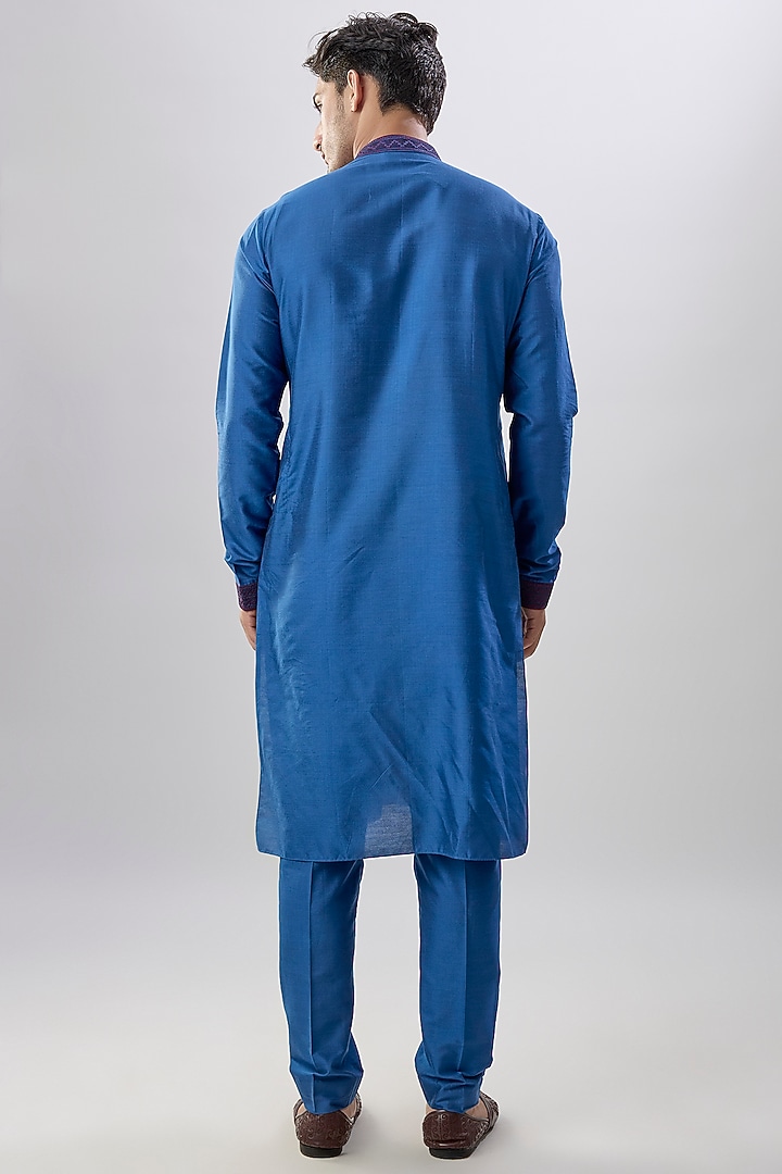 Blue Cotton Silk Geometric Printed & Thread Embroidered Kurta Set by Bubber Couture at Pernia's Pop Up Shop