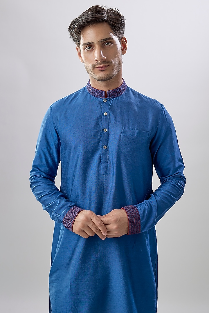 Blue Cotton Silk Geometric Printed & Thread Embroidered Kurta Set by Bubber Couture at Pernia's Pop Up Shop