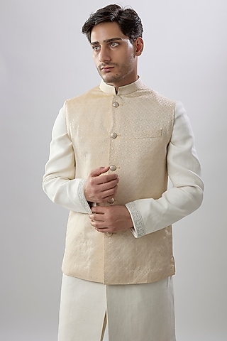 Gold & White Brocade Silk Bundi Jacket by Bubber Couture