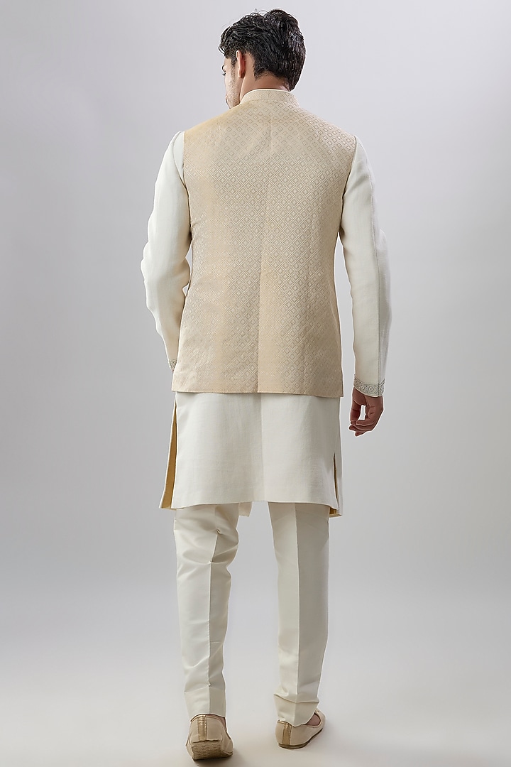 Gold & White Brocade Silk Bundi Jacket by Bubber Couture at Pernia's Pop Up Shop