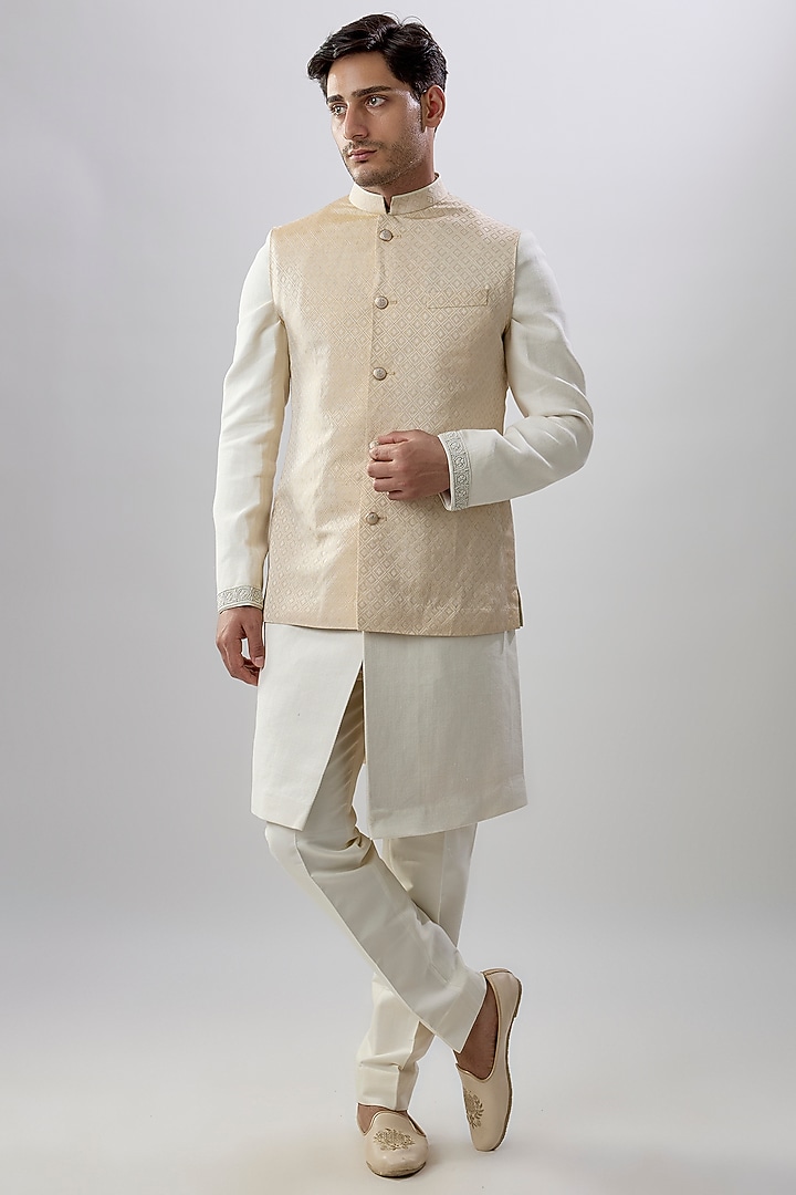 Gold & White Brocade Silk Bundi Jacket by Bubber Couture at Pernia's Pop Up Shop