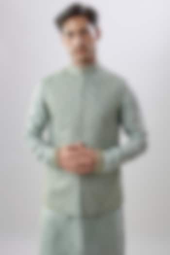 Grey Cotton Silk Geometric Printed & Thread Embroidered Bundi Jacket Set by Bubber Couture at Pernia's Pop Up Shop