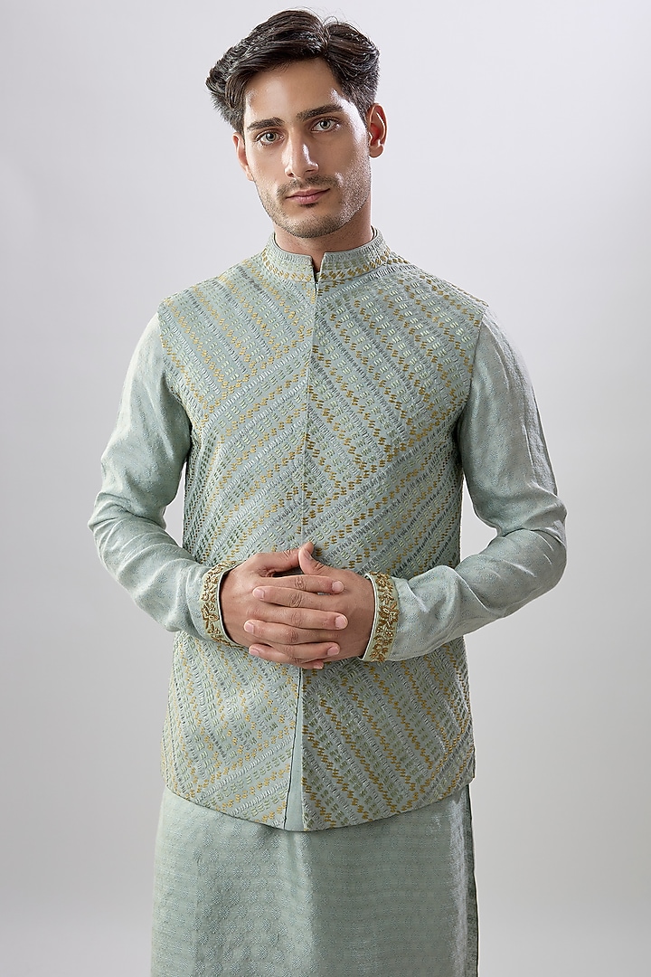 Grey Cotton Silk Geometric Printed & Thread Embroidered Bundi Jacket Set by Bubber Couture at Pernia's Pop Up Shop