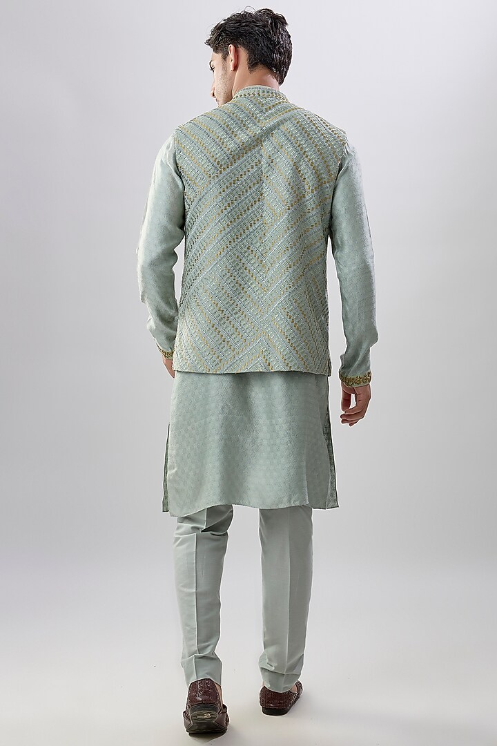Grey Cotton Silk Geometric Printed & Thread Embroidered Bundi Jacket Set by Bubber Couture at Pernia's Pop Up Shop