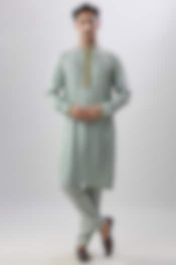 Green Jacquard Silk Floral Printed & Zardosi Embroidered Kurta Set by Bubber Couture at Pernia's Pop Up Shop