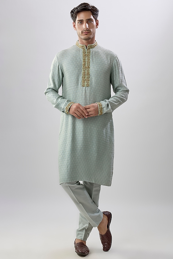 Green Jacquard Silk Floral Printed & Zardosi Embroidered Kurta Set by Bubber Couture at Pernia's Pop Up Shop