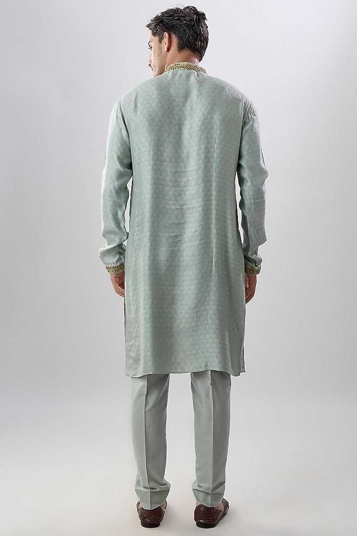 Green Jacquard Silk Floral Printed & Zardosi Embroidered Kurta Set by Bubber Couture at Pernia's Pop Up Shop