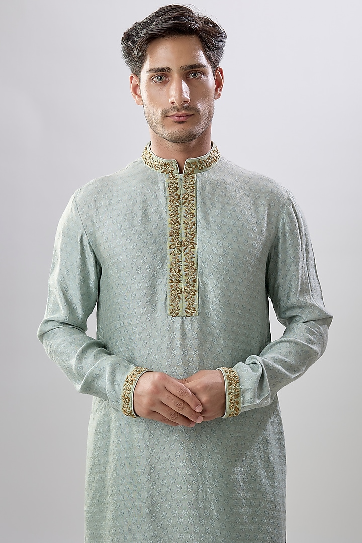 Green Jacquard Silk Floral Printed & Zardosi Embroidered Kurta Set by Bubber Couture at Pernia's Pop Up Shop