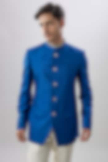 Blue Jacquard Silk Geometric Printed & Bead Embroidered Wedding Bandhgala by Bubber Couture at Pernia's Pop Up Shop