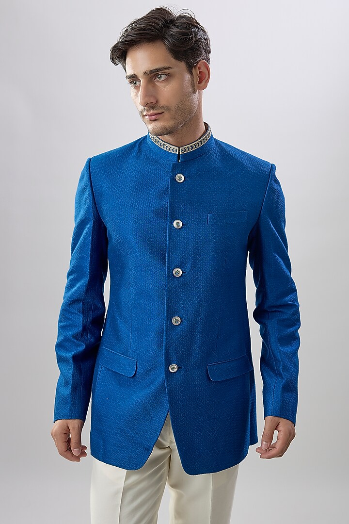 Blue Jacquard Silk Geometric Printed & Bead Embroidered Wedding Bandhgala by Bubber Couture at Pernia's Pop Up Shop