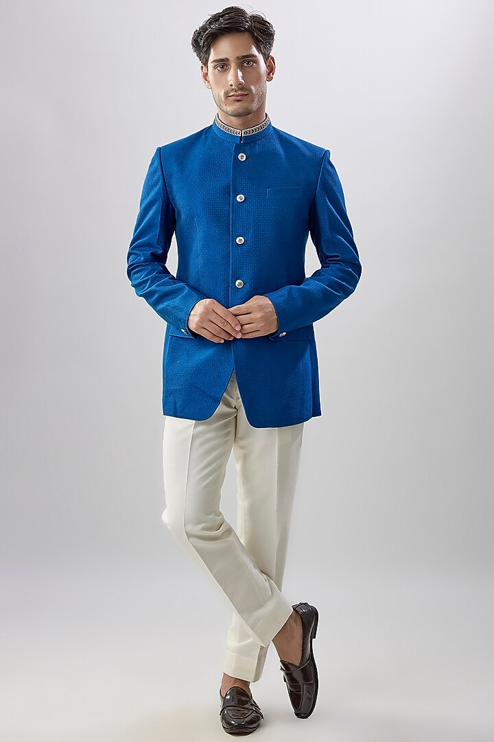 Blue Jacquard Silk Geometric Printed & Bead Embroidered Wedding Bandhgala by Bubber Couture at Pernia's Pop Up Shop