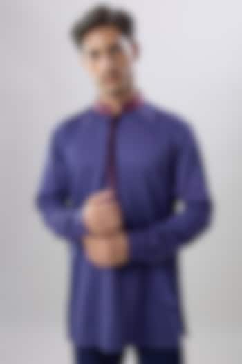 Blue Cotton Silk Printed & Embroidered Shirt Kurta by Bubber Couture at Pernia's Pop Up Shop
