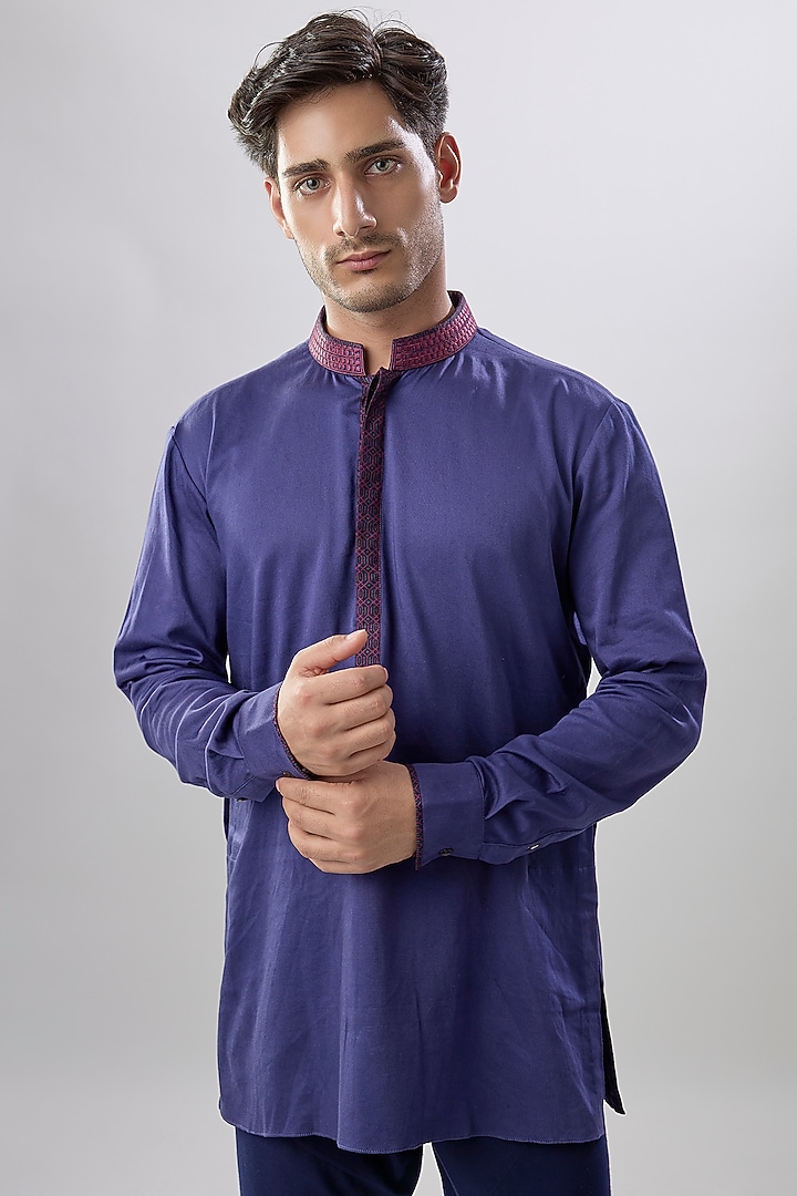 Blue Cotton Silk Printed & Embroidered Shirt Kurta by Bubber Couture at Pernia's Pop Up Shop
