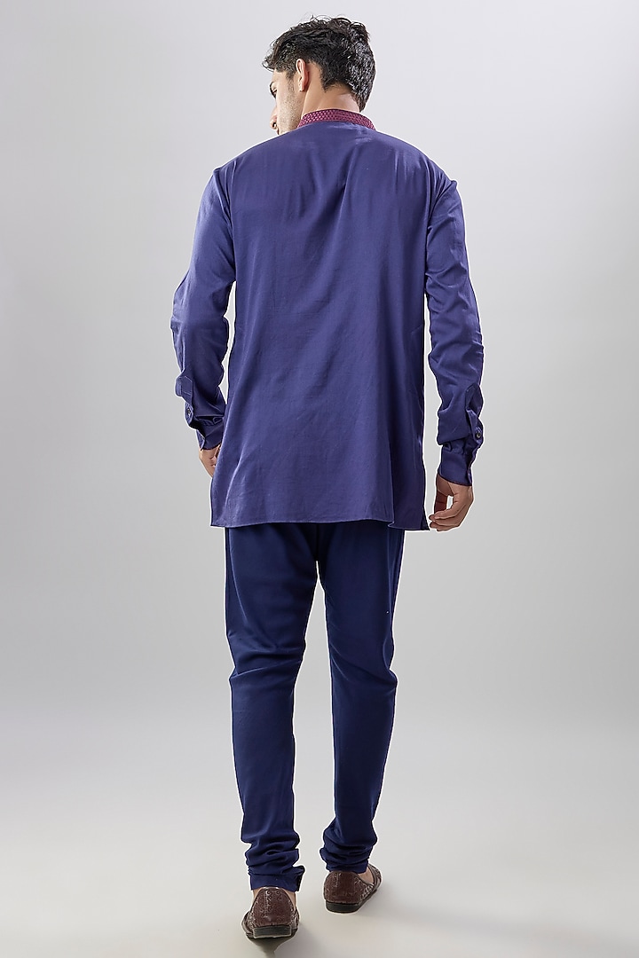 Blue Cotton Silk Printed & Embroidered Shirt Kurta by Bubber Couture at Pernia's Pop Up Shop