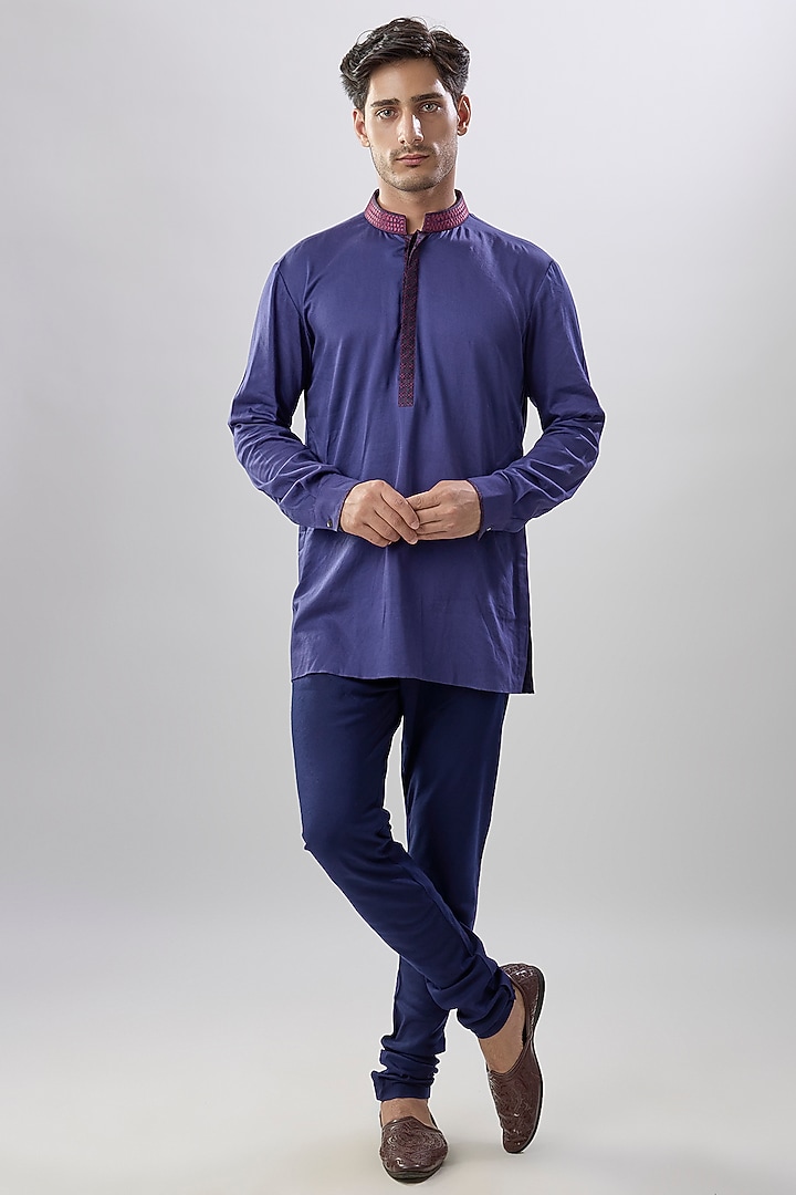 Blue Cotton Silk Printed & Embroidered Shirt Kurta by Bubber Couture at Pernia's Pop Up Shop