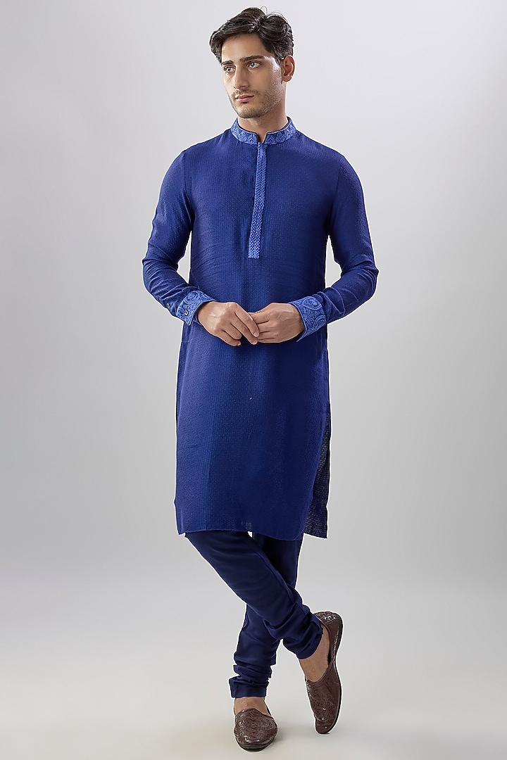 Royal Blue Jacquard Printed & Embroidered Kurta Set by Bubber Couture at Pernia's Pop Up Shop