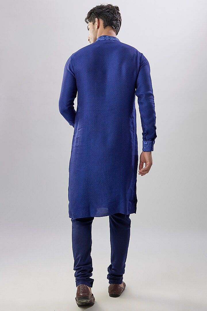 Royal Blue Jacquard Printed & Embroidered Kurta Set by Bubber Couture at Pernia's Pop Up Shop