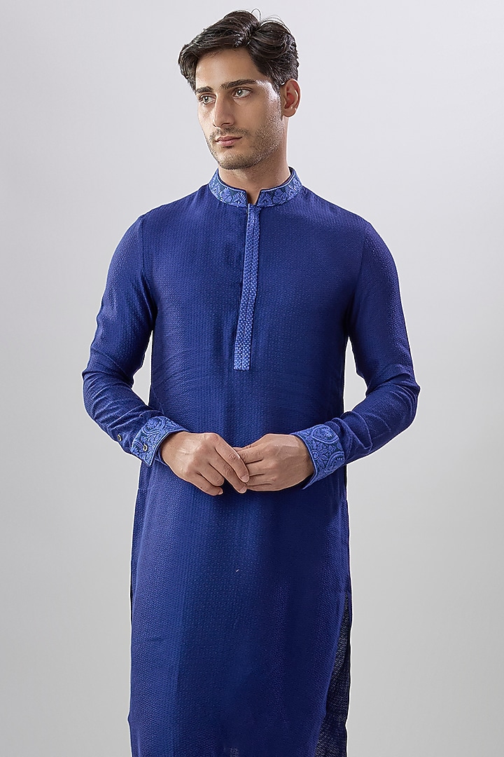 Royal Blue Jacquard Printed & Embroidered Kurta Set by Bubber Couture at Pernia's Pop Up Shop