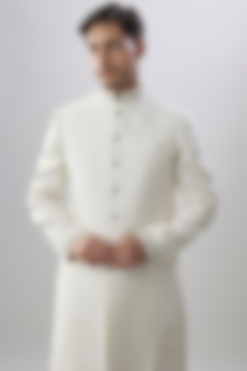 White Jacquard Brocade Silk Printed & Embroidered Groom Sherwani by Bubber Couture at Pernia's Pop Up Shop