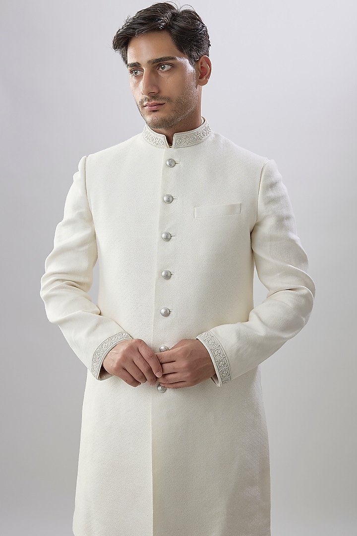White Jacquard Brocade Silk Printed & Embroidered Groom Sherwani by Bubber Couture at Pernia's Pop Up Shop