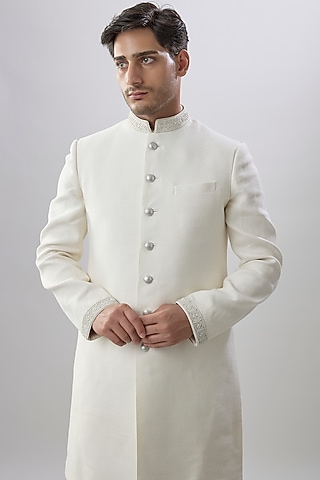 White Jacquard Brocade Silk Printed & Embroidered Sherwani by Bubber Couture