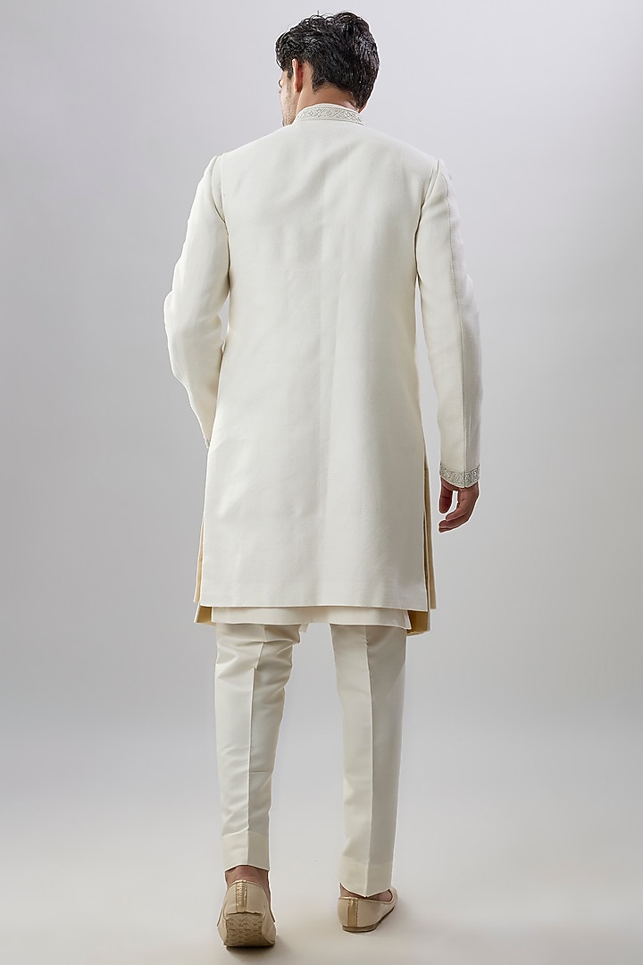 White Jacquard Brocade Silk Printed & Embroidered Groom Sherwani by Bubber Couture at Pernia's Pop Up Shop