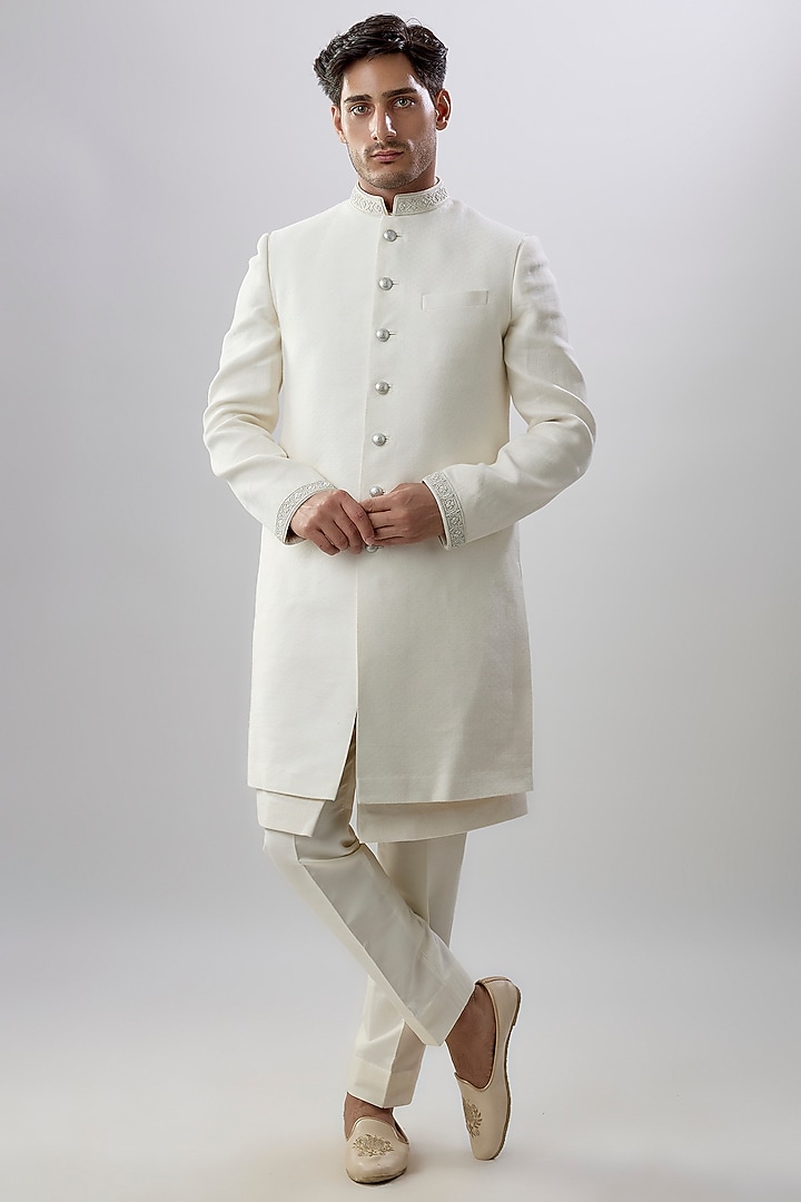 White Jacquard Brocade Silk Printed & Embroidered Groom Sherwani by Bubber Couture at Pernia's Pop Up Shop