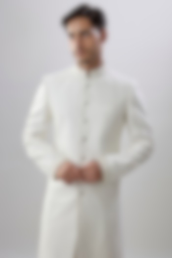 White Jacquard Silk Printed & Embroidered Groom Sherwani by Bubber Couture at Pernia's Pop Up Shop