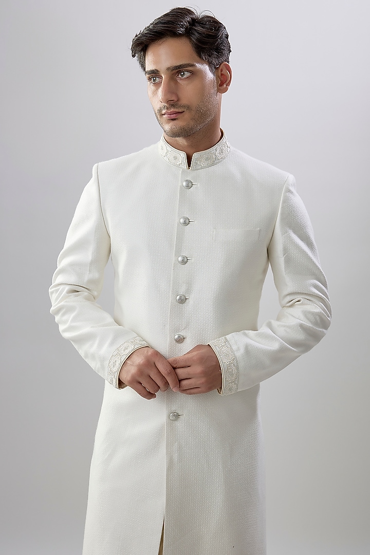 White Jacquard Silk Printed & Embroidered Groom Sherwani by Bubber Couture at Pernia's Pop Up Shop
