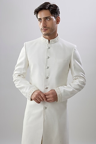White Jacquard Silk Printed & Embroidered Sherwani by Bubber Couture
