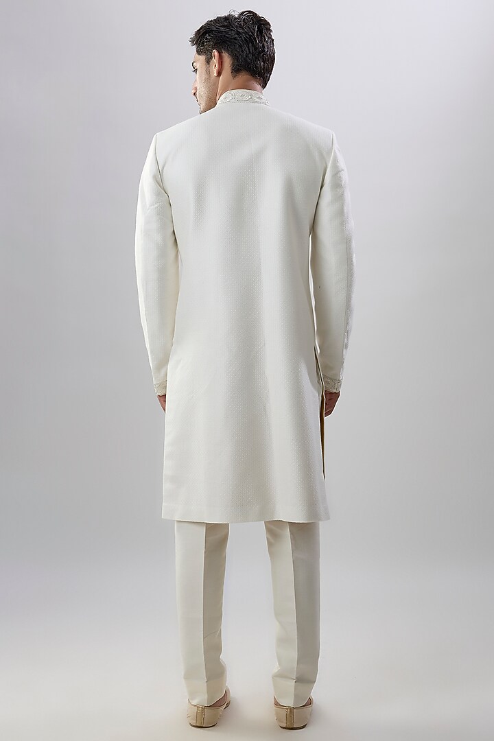 White Jacquard Silk Printed & Embroidered Groom Sherwani by Bubber Couture at Pernia's Pop Up Shop