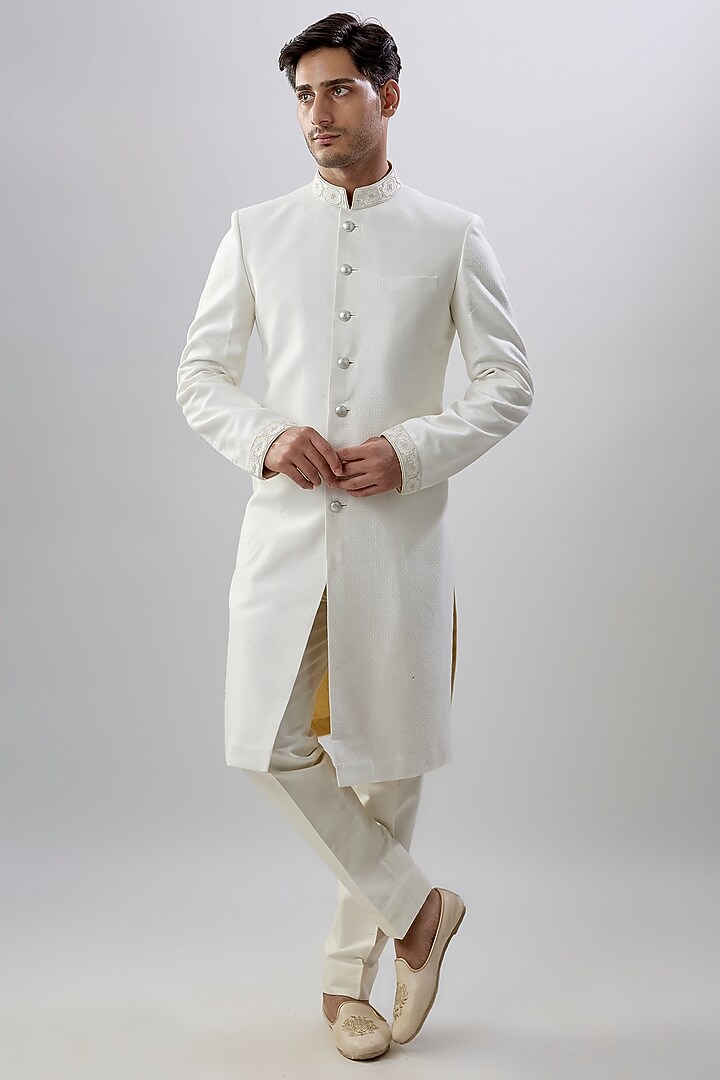 White Jacquard Silk Printed & Embroidered Groom Sherwani by Bubber Couture at Pernia's Pop Up Shop