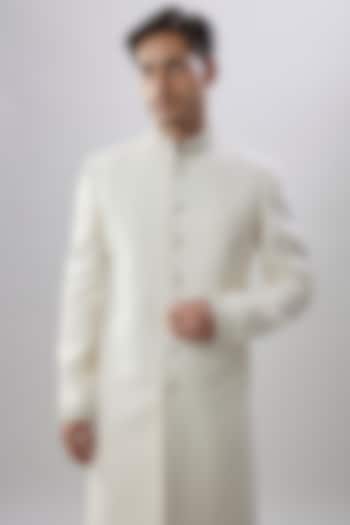 White Herringbone Matka Silk Embroidered & Printed Groom Sherwani by Bubber Couture at Pernia's Pop Up Shop