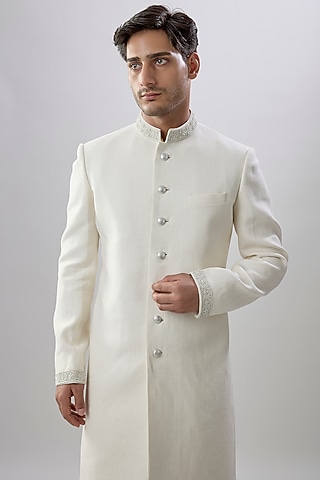 White Herringbone Matka Silk Embroidered & Printed Sherwani by Bubber Couture