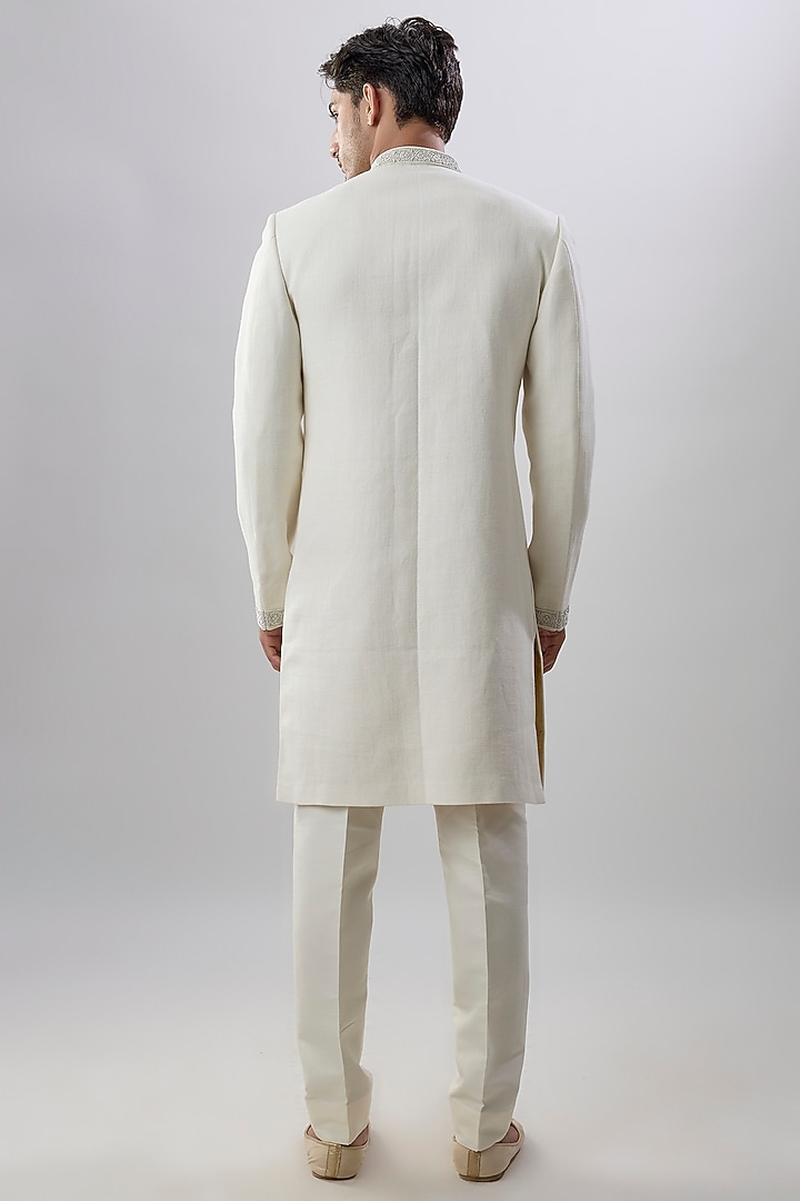 White Herringbone Matka Silk Embroidered & Printed Groom Sherwani by Bubber Couture at Pernia's Pop Up Shop