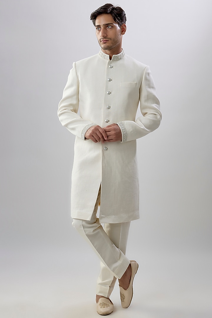 White Herringbone Matka Silk Embroidered & Printed Groom Sherwani by Bubber Couture at Pernia's Pop Up Shop