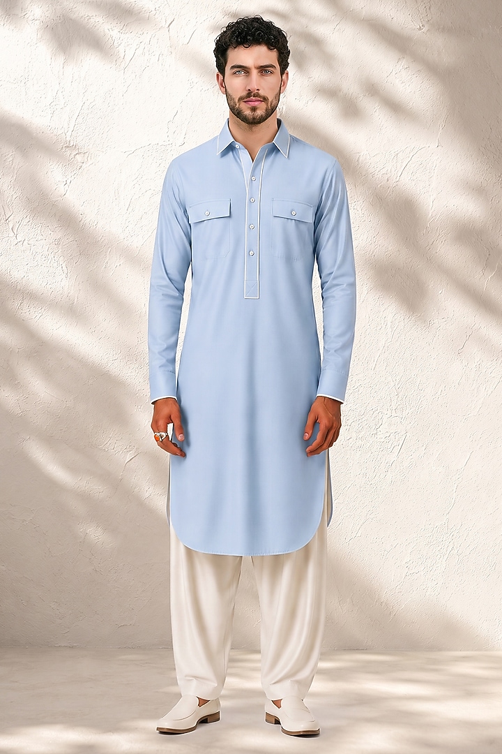Powder Blue Cotton Silk Pathani Kurta Set by Bubber Couture at Pernia's Pop Up Shop