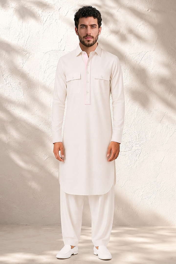 Off-White Cotton Silk Pathani Kurta Set by Bubber Couture at Pernia's Pop Up Shop