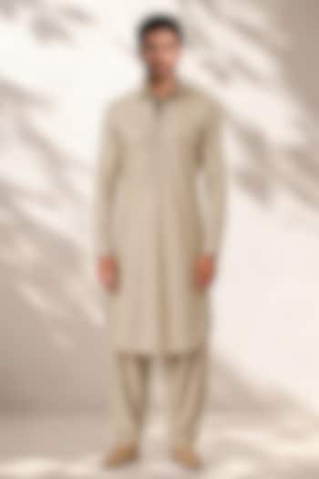 Beige Cotton Silk Pathani Kurta Set by Bubber Couture at Pernia's Pop Up Shop