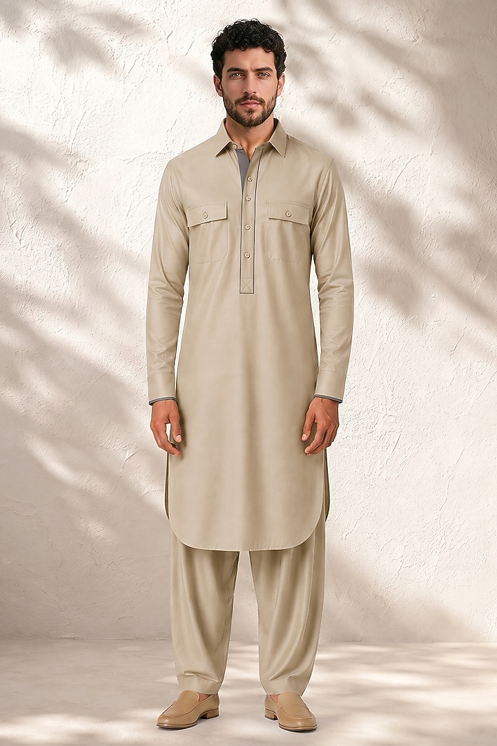 Beige Cotton Silk Pathani Kurta Set by Bubber Couture at Pernia's Pop Up Shop