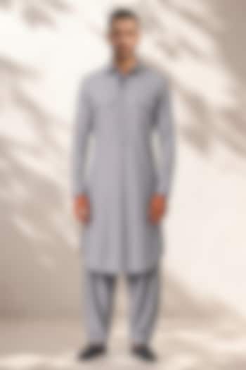 Grey Cotton Silk Pathani Kurta Set by Bubber Couture at Pernia's Pop Up Shop