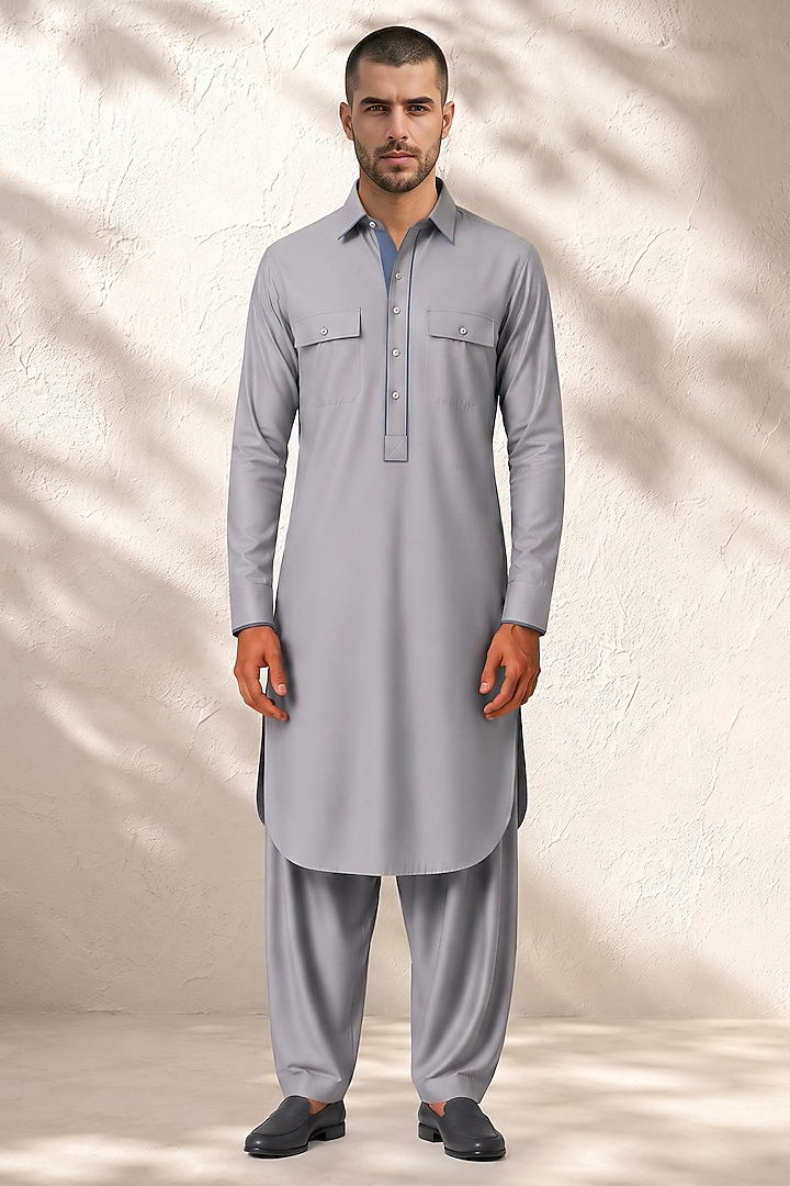 Grey Cotton Silk Pathani Kurta Set by Bubber Couture at Pernia's Pop Up Shop