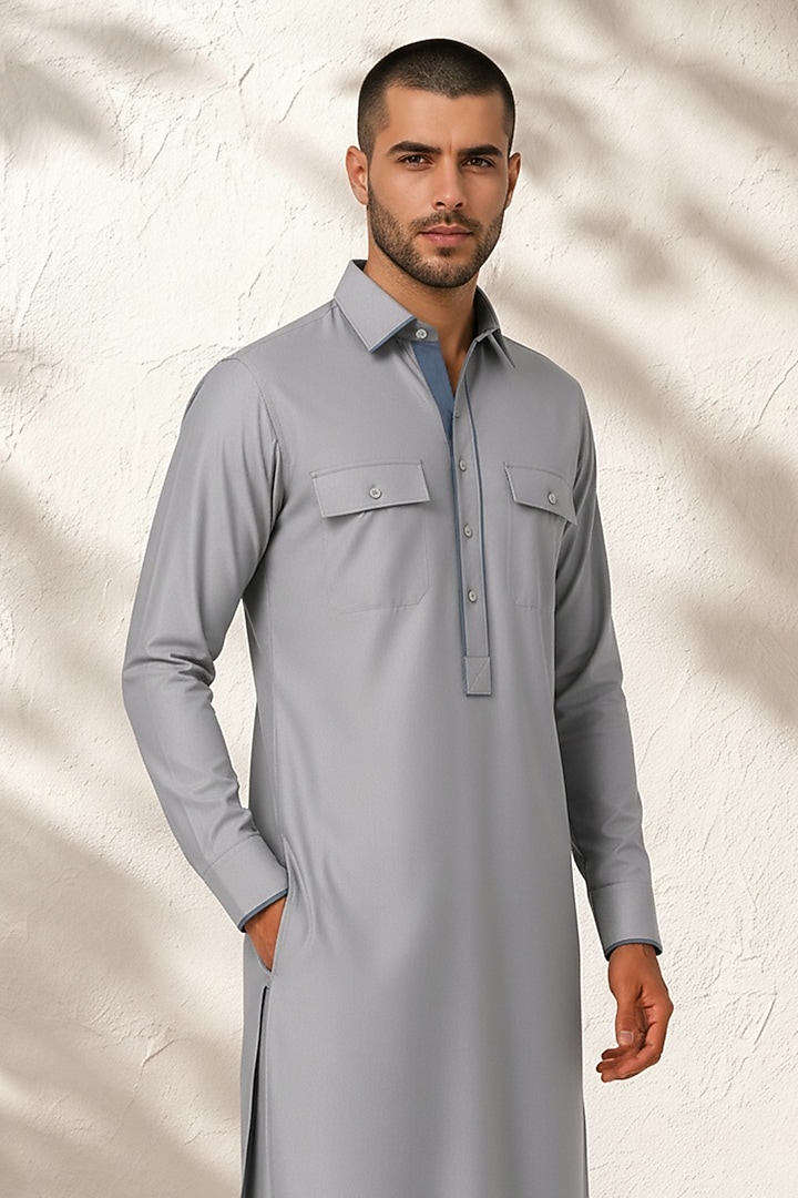 Grey Cotton Silk Pathani Kurta Set by Bubber Couture at Pernia's Pop Up Shop